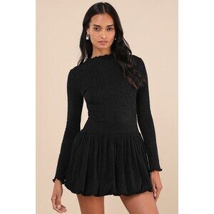 Lulus Approachably Adorable Black Ribbed Bubble-hem Mini Dress - Size L